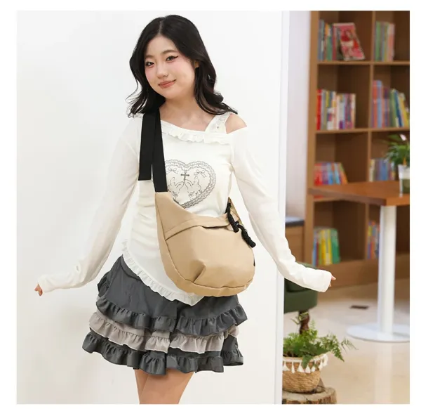 Design Canvas Hobo Bag Beige with Black Straps Shoulder Bag - 28