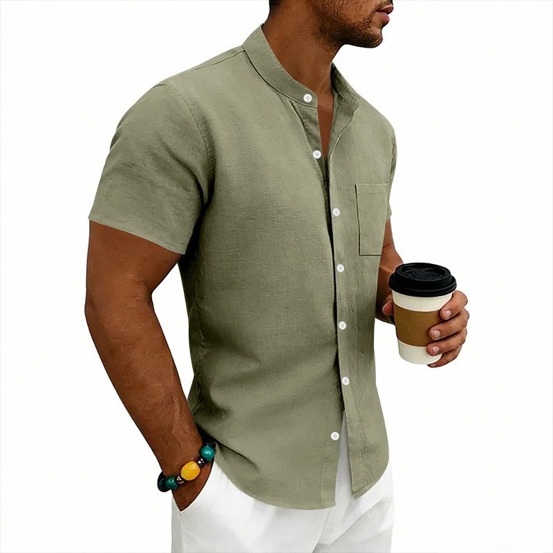 Design Mandarin Collar Short Sleeve Shirt Gray Tops Shirt - 31