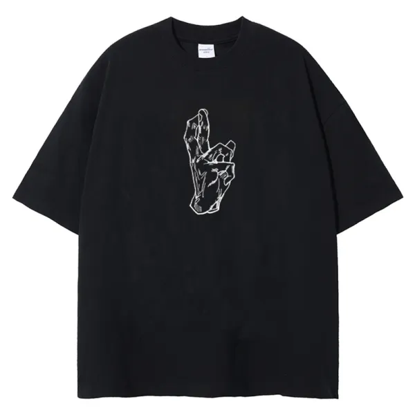 Design Hand Gesture Graphic Black Oversized T-Shirt - 1