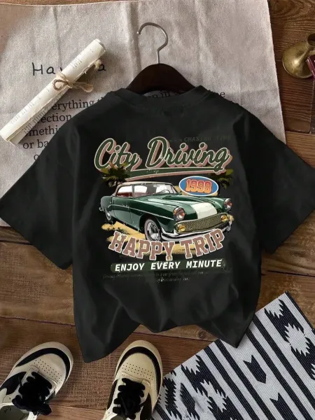 Design City Driving Vintage Car Graphic Beige T-Shirt - 7