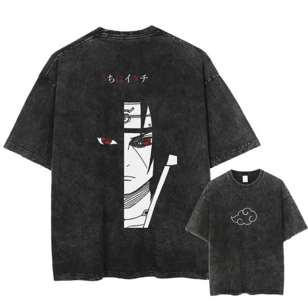 Design Naruto Itachi Uchiha Acid Wash T-Shirt Black T-Shirts - 1