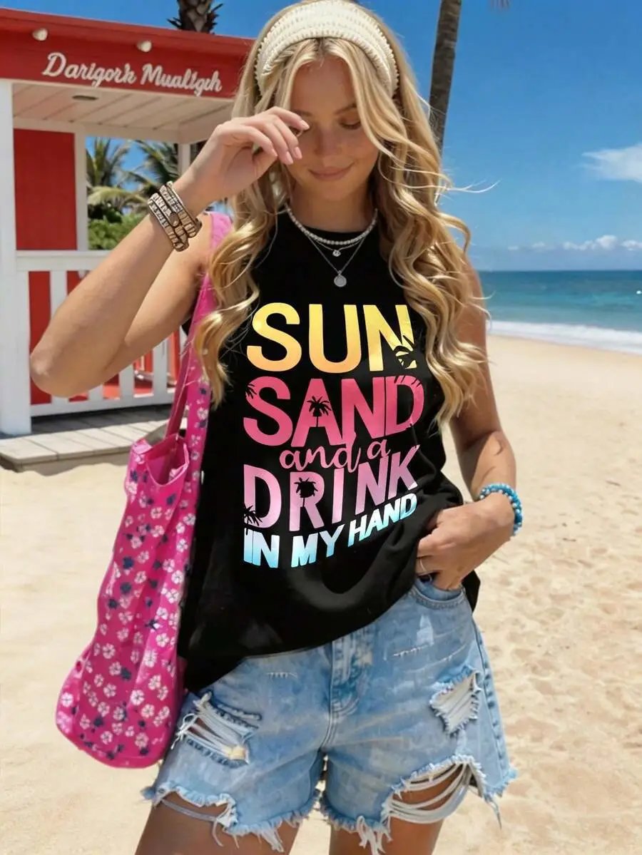 Design Tropical Palm Sunset Print Tank Top in Pink with Crochet Shorts and Straw Tote Vest Top - 7
