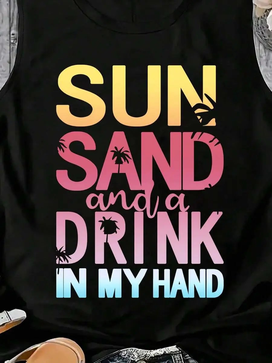Design Tropical Palm Sunset Print Tank Top in Pink with Crochet Shorts and Straw Tote Vest Top - 10