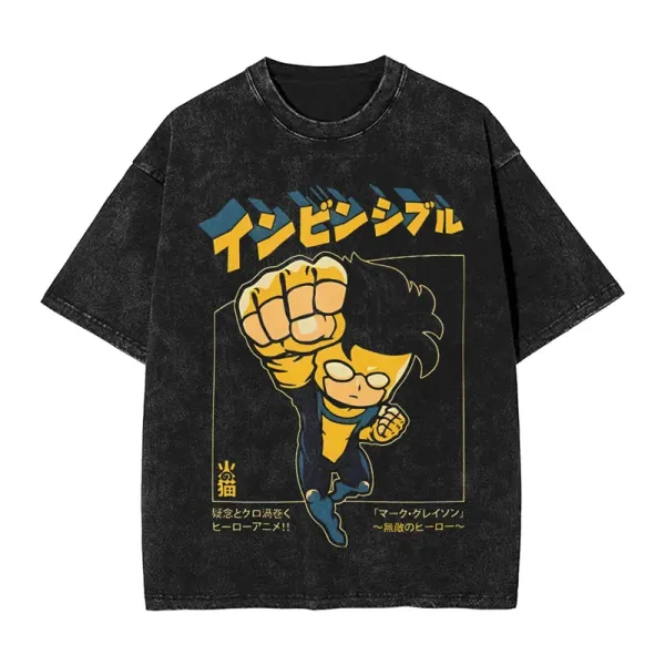 Design Invincible Anime Print Black Acid Wash T-Shirt - 1