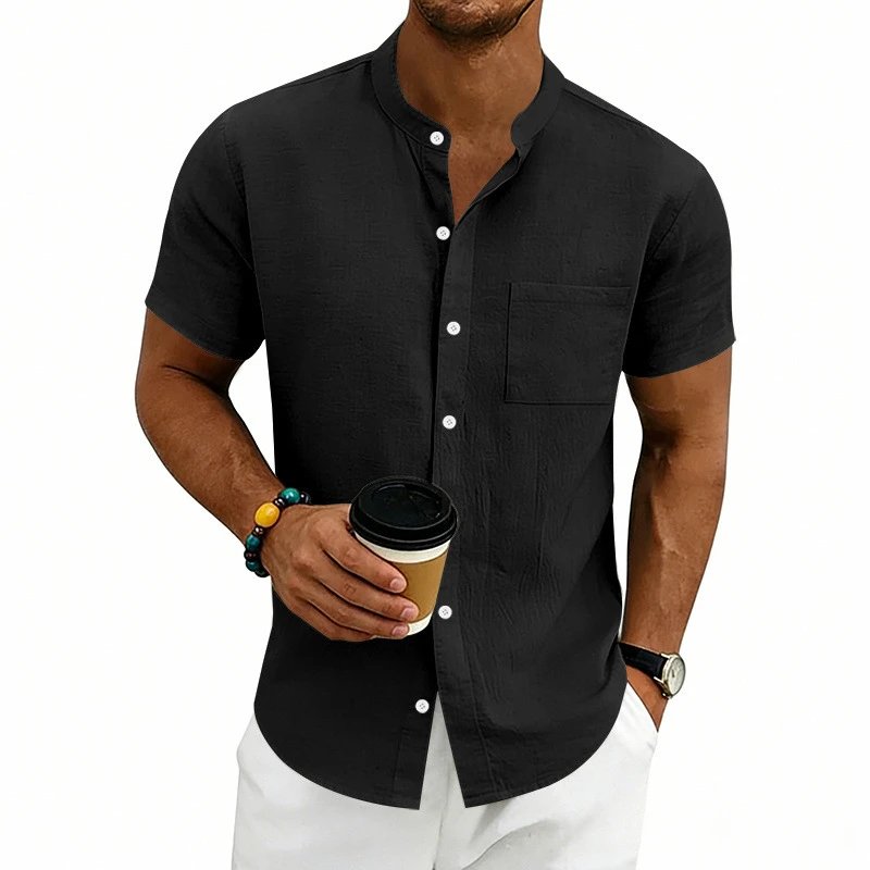 Design Mandarin Collar Short Sleeve Shirt Gray Tops Shirt - 13