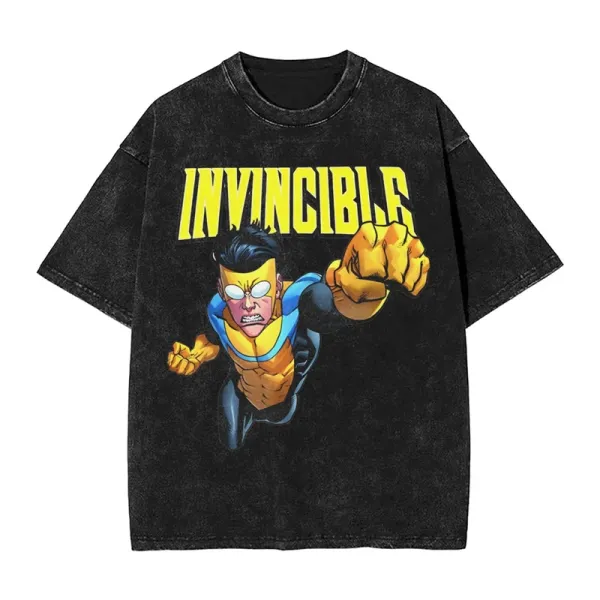 Design Invincible Comic Hero Graphic Washed Black T-Shirt T-Shirts - 1