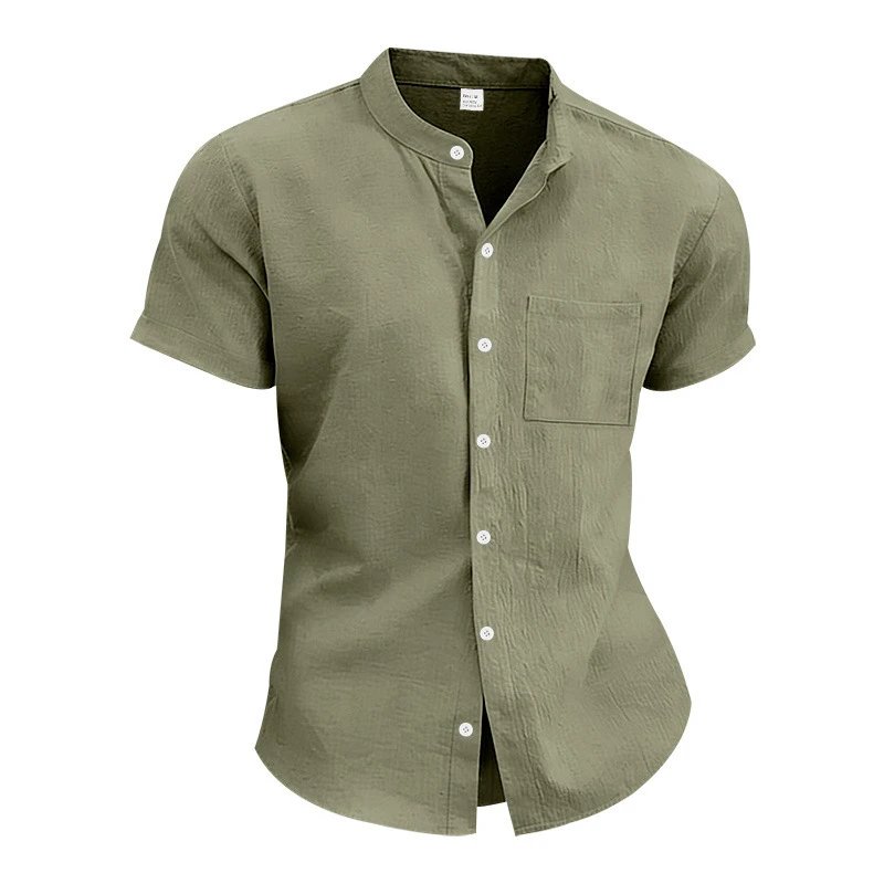Design Mandarin Collar Short Sleeve Shirt Gray Tops Shirt - 33