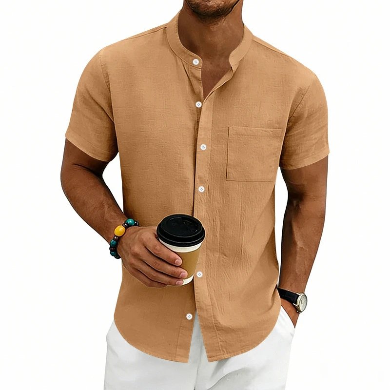 Design Mandarin Collar Short Sleeve Shirt Gray Tops Shirt - 35