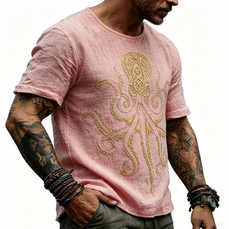 Design Octopus Embroidery Dusty Rose T-Shirt - 20
