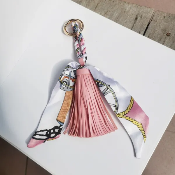 Hermès Silk Scarf Keychain Tassel Charm Pink Multicolor Accessories - 1