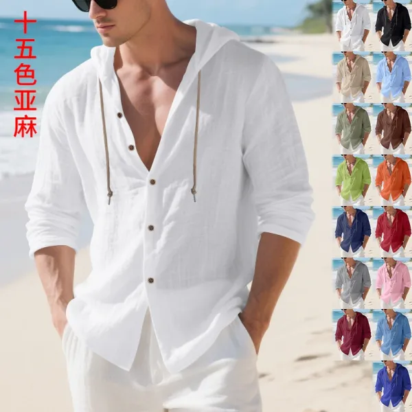 Design Hooded Linen Shirt Brown Men's Beachwear - 2