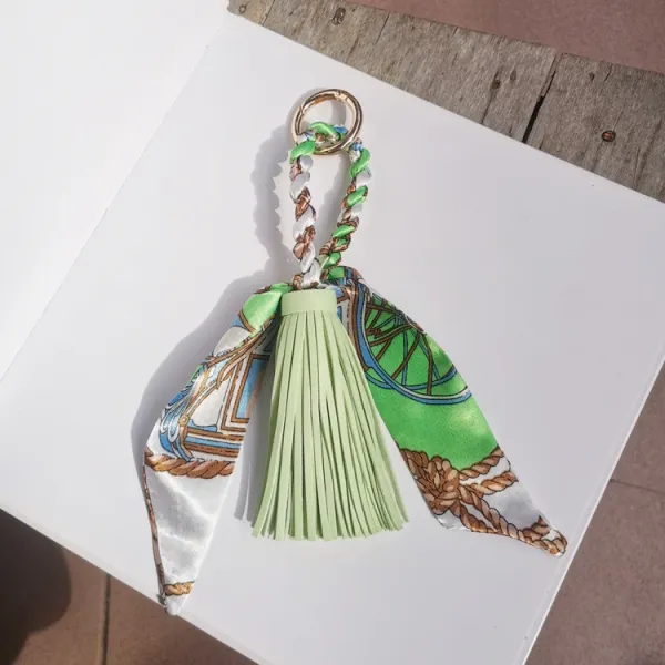 Design Silk Scarf Tassel Keychain Green Multicolor Accessories - 1