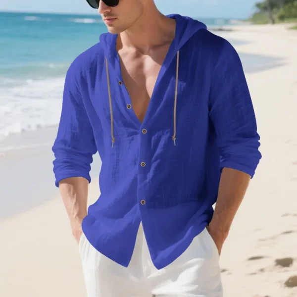 Design Hooded Linen Shirt Brown Men's Beachwear - 16