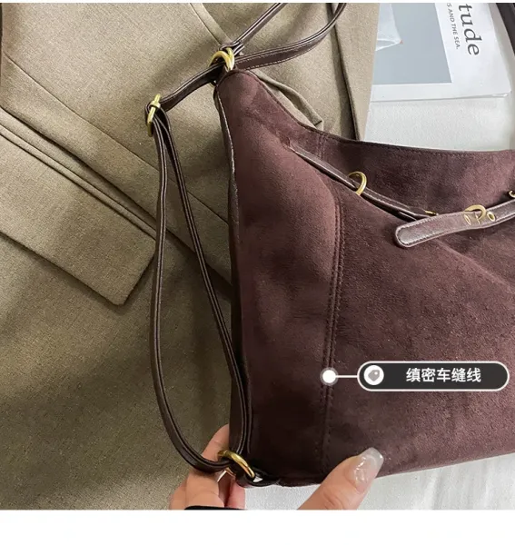 Design Suede Hobo Bag with Brown Leather Trim Black - 14