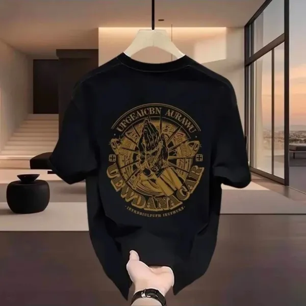 Design Graphic Print Black T-Shirt with Gold Circular Motif - 9