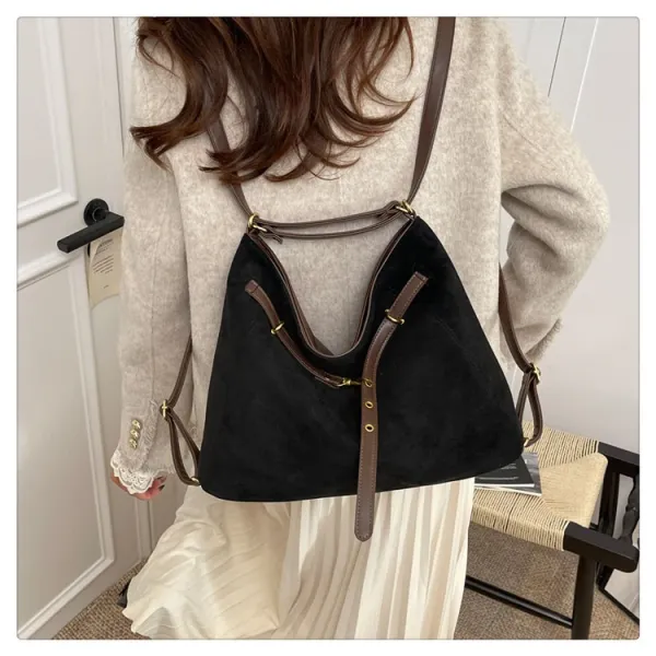 Design Suede Hobo Bag with Brown Leather Trim Black - 20