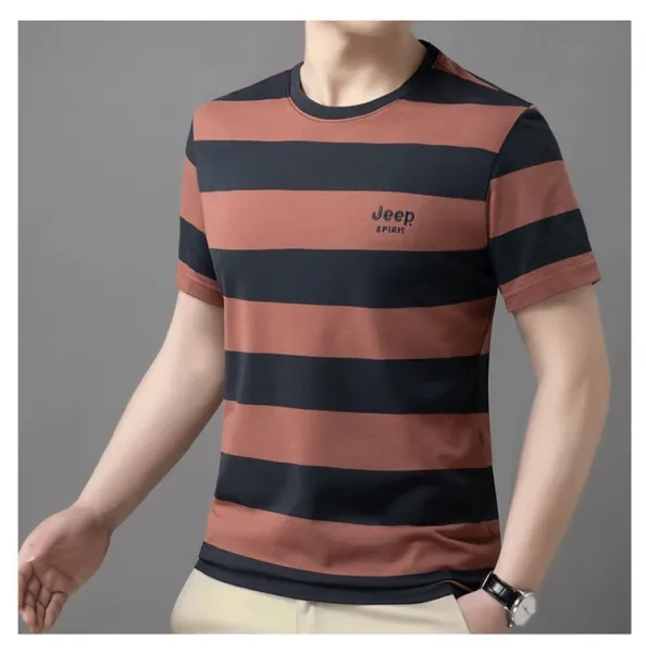 Design Jeep Spirit Striped Crew Neck T-Shirt Brown and Navy T-Shirts - 15