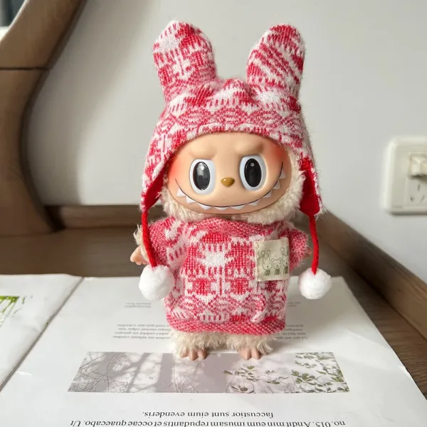 Pop Mart Labubu Knit Hat and Sweater Set Red White Fair Isle Accessories - 1