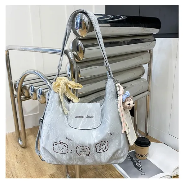 Design AIHITU STUDIO Cartoon Bear Print Silver Gray Hobo Bag - 30