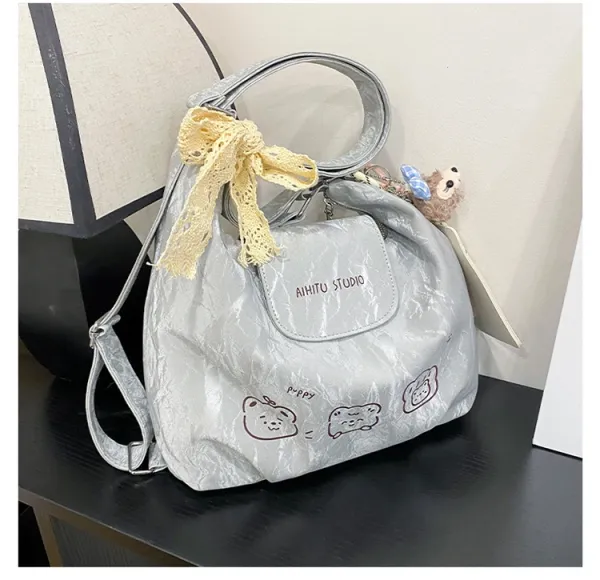 Design AIHITU STUDIO Cartoon Bear Print Silver Gray Hobo Bag - 31