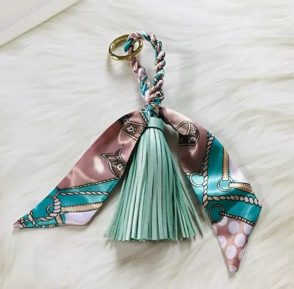 Design Silk Scarf Tassel Keychain in Mint Green and Pink Multicolor Accessories - 1