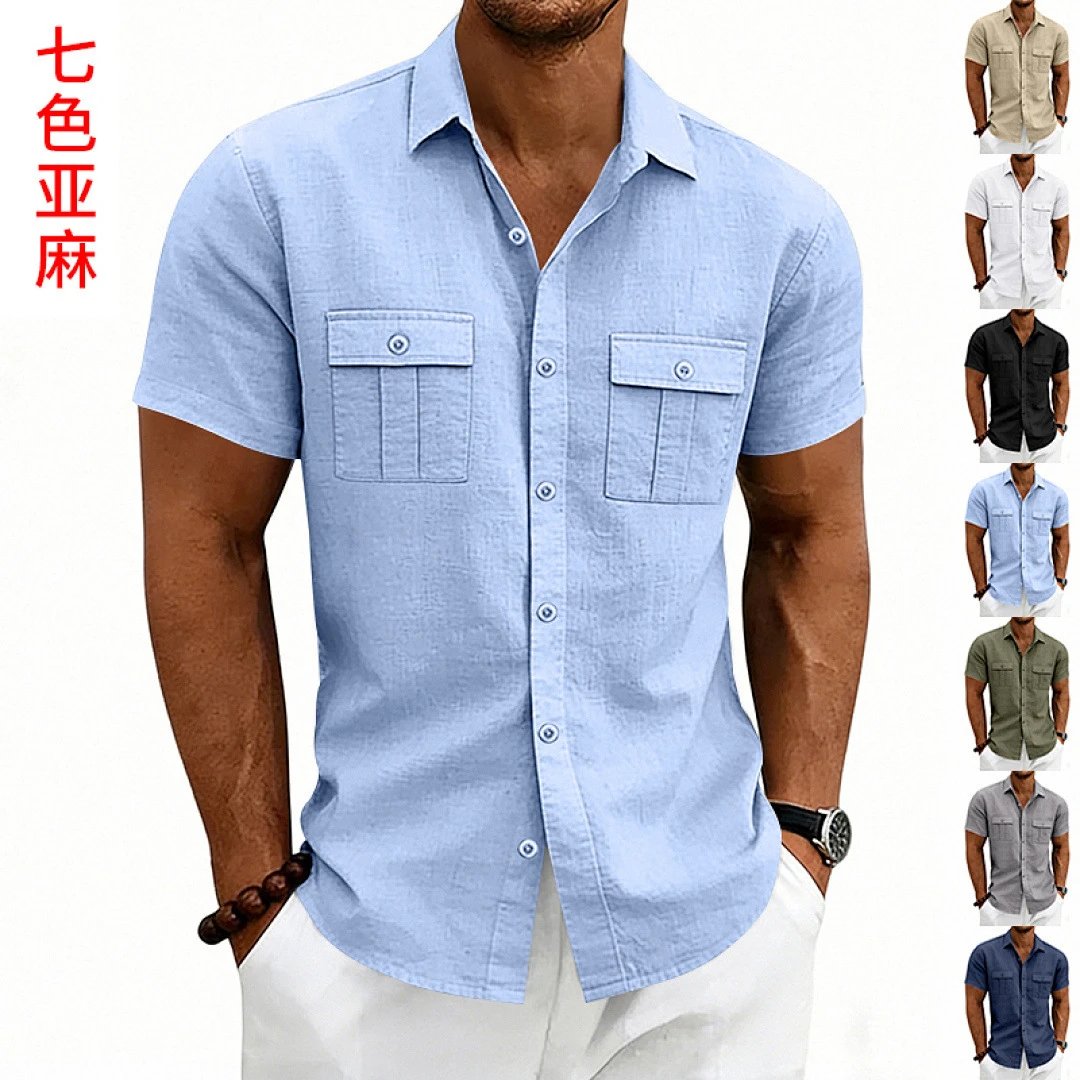 Men's Linen Work Shirt American Casual Double Pocket Short Sleeve Tee Wholesale