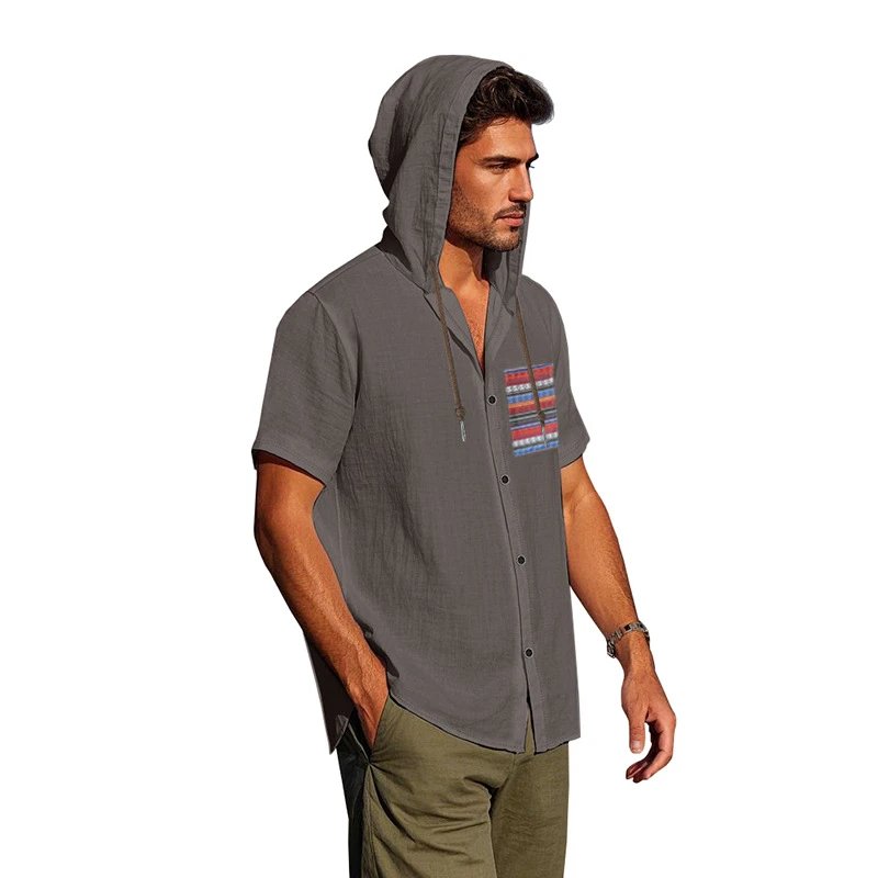 Design Hooded Button-Up Shirt Olive Green with Tribal Pocket Tops - 41
