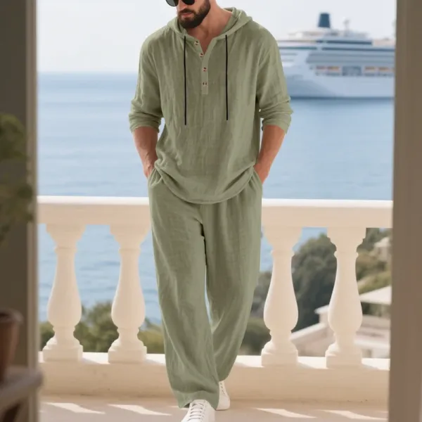 Design Linen Hooded Henley Set Beige Casual Set - 12