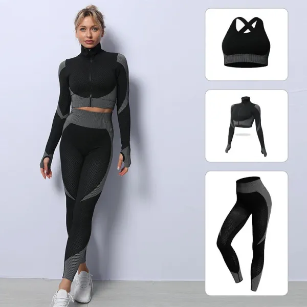Design Mesh Panel Zip-Up Crop Top and Leggings Set Black Gray Activewear - 1