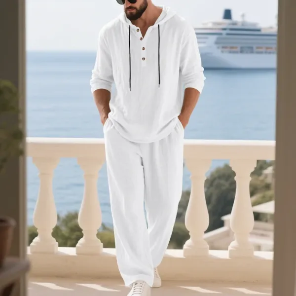 Design Linen Hooded Henley Set Beige Casual Set - 17