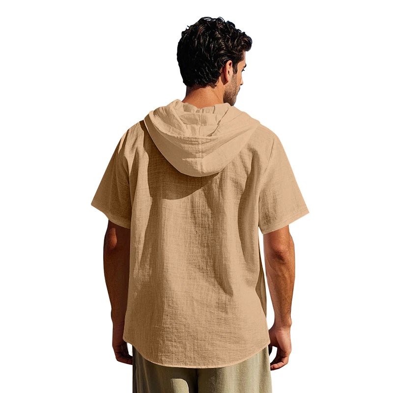 Design Hooded Button-Up Shirt Olive Green with Tribal Pocket Tops - 49