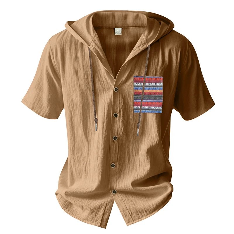 Design Hooded Button-Up Shirt Olive Green with Tribal Pocket Tops - 51