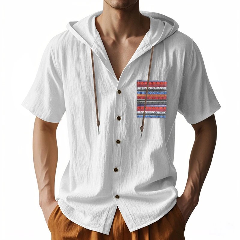 Design Hooded Button-Up Shirt Olive Green with Tribal Pocket Tops - 66