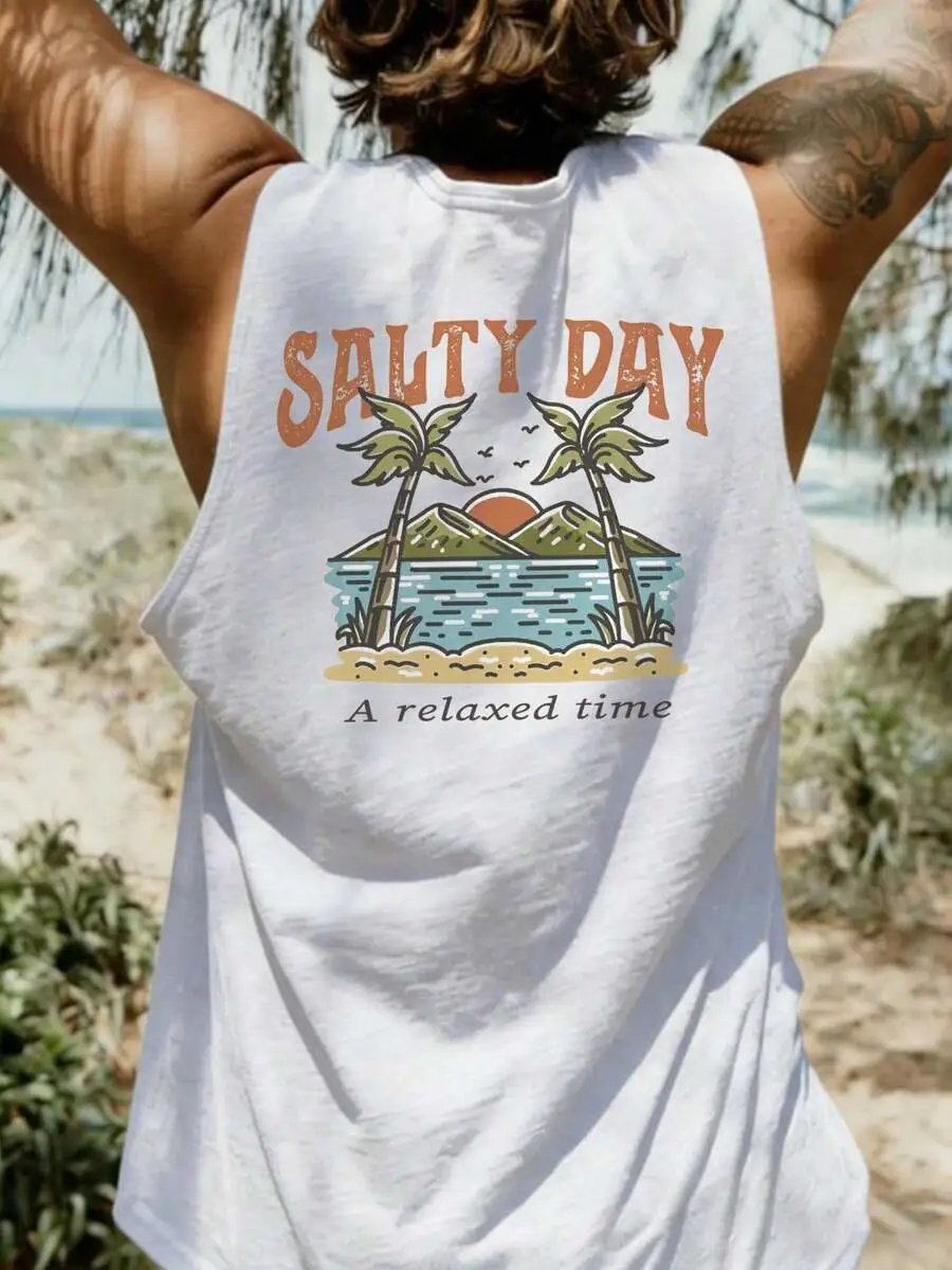 Design Salty Day Tropical Print Sleeveless Vest Yellow Vest Top - 7