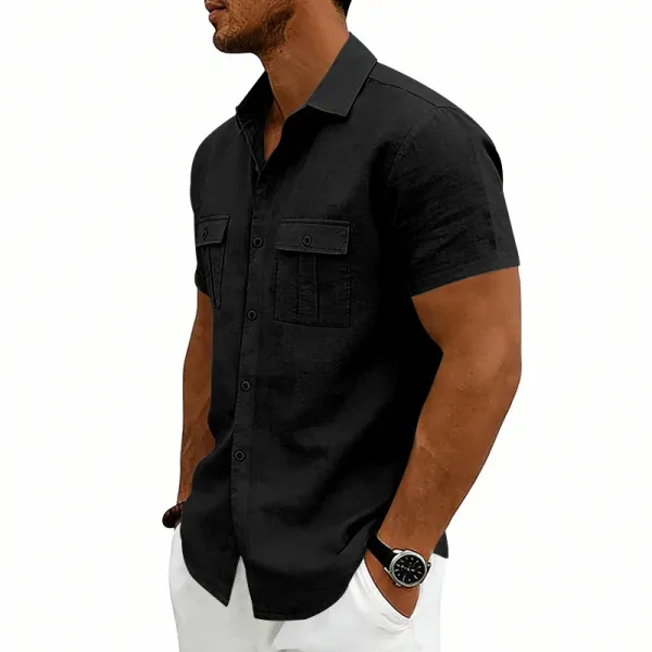 Design Short-Sleeve Linen Shirt Navy Blue Tops Shirt - 29