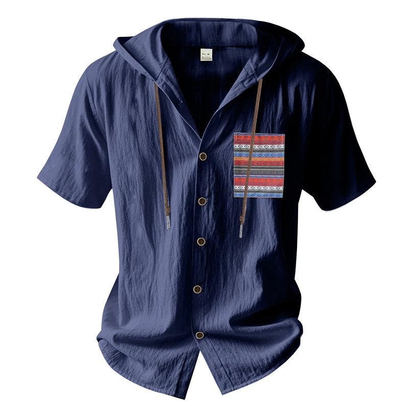 Design Hooded Button-Up Shirt Olive Green with Tribal Pocket Tops - 82