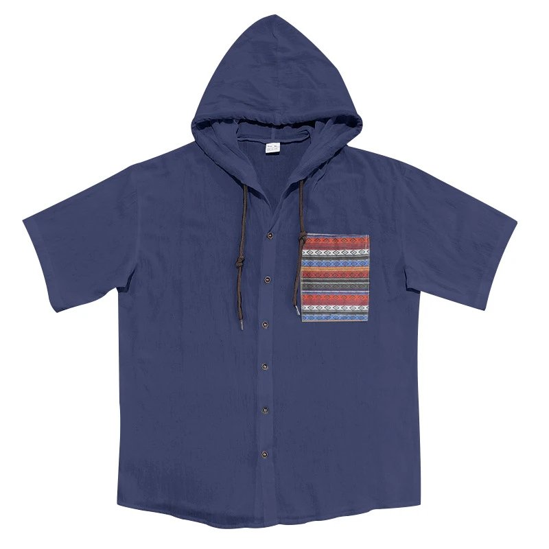 Design Hooded Button-Up Shirt Olive Green with Tribal Pocket Tops - 84