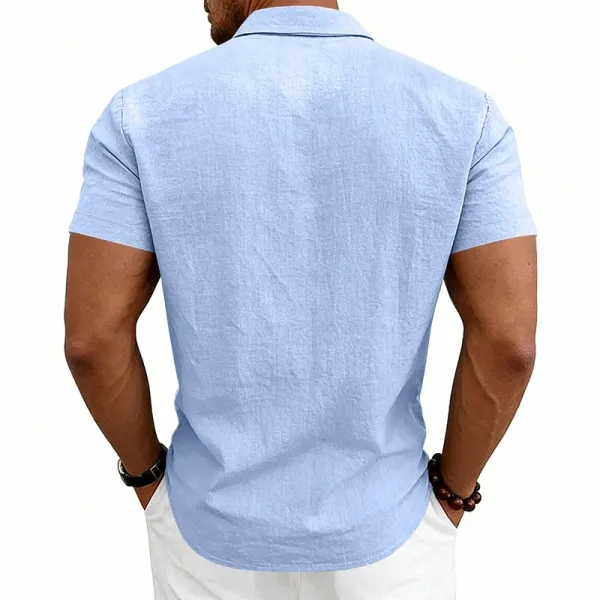 Design Short-Sleeve Linen Shirt Navy Blue Tops Shirt - 36