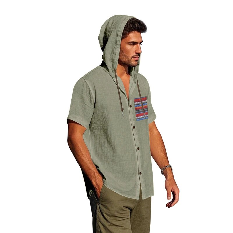 Design Hooded Button-Up Shirt Olive Green with Tribal Pocket Tops - 88
