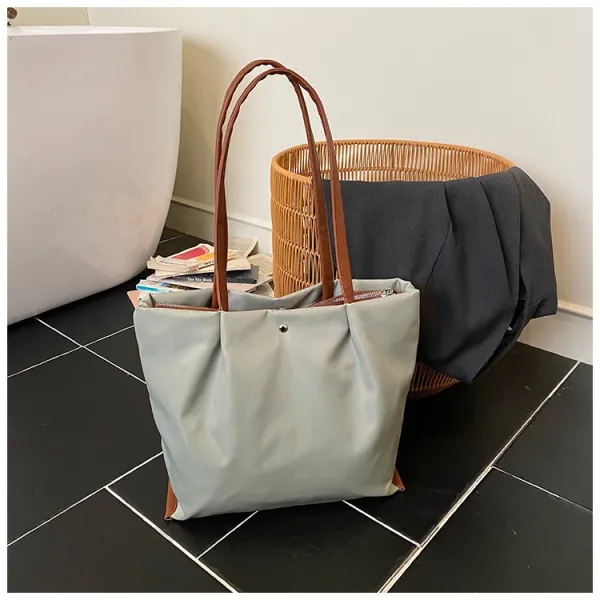 Design Tote Bag White with Brown Leather Handles - 15