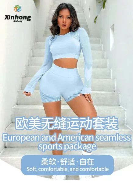 Design Mesh Panel Long Sleeve Crop Top and High-Waisted Shorts Set Light Blue Activewear - 2