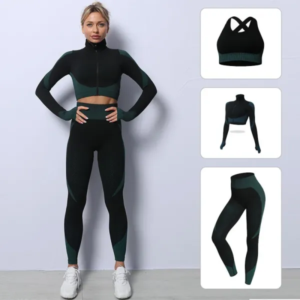 Design High-Neck Zip-Up Crop Top and Mesh Panel Leggings Set Black Forest Green Activewear - 1