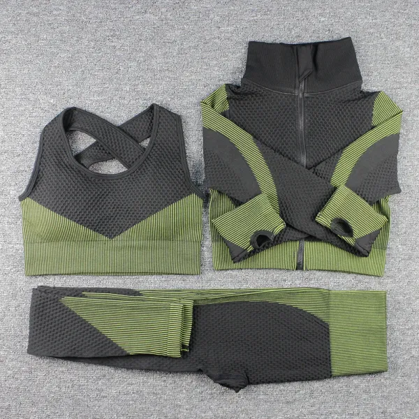 Design Activewear Set Olive Green and Black Mesh Panel Sports Bra, Zip-Up Jacket, and Leggings - 1