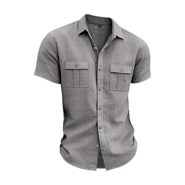 Design Short-Sleeve Linen Shirt Navy Blue Tops Shirt - 49