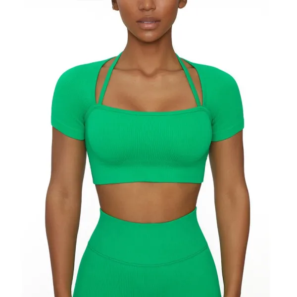 Design Ribbed Halter Crop Top and High-Waist Leggings Set Green Activewear - 1