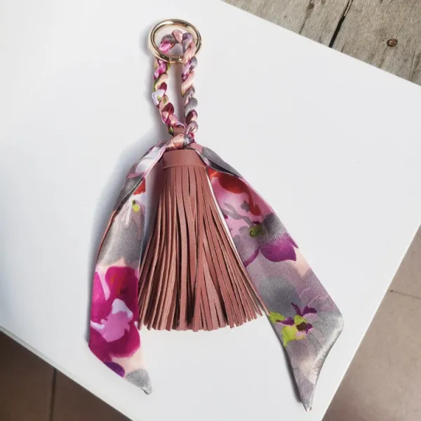 Design Floral Silk Scarf Tassel Keychain Multicolor Accessories - 1