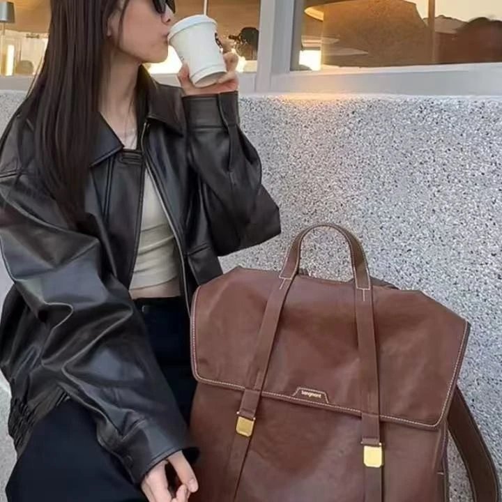 Song Women's Genuine Leather Magnetic Snap Backpack Large Capacity Waterproof Casual Travel Laptop Phone Bag Schoolbag
