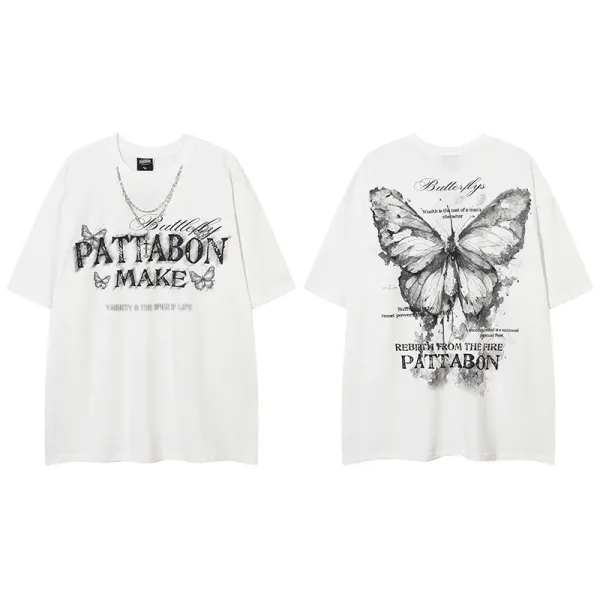 Design Pattabon Butterfly Print Oversized T-Shirt White T-Shirts - 1