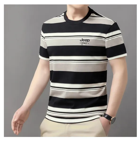 Design Jeep Spirit Striped Crewneck T-Shirt Army Green Beige T-Shirts - 15