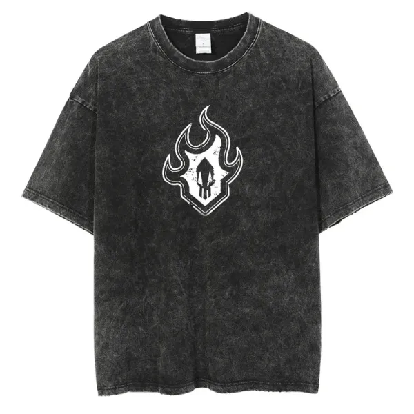 Design Flame Skull Graphic Acid Wash T-Shirt - 1